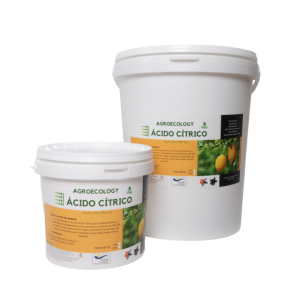 Ácido Cítrico AgroEcology en envase blanco con etiqueta verde. Producto sólido en polvo de alta pureza para agricultura sostenible.
