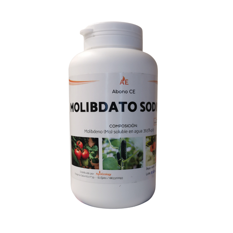 Envase de Molibdato Sódico, fuente concentrada de molibdeno para la fijación de nitrógeno en cultivos. Contribuye al crecimiento y resistencia de las plantas.