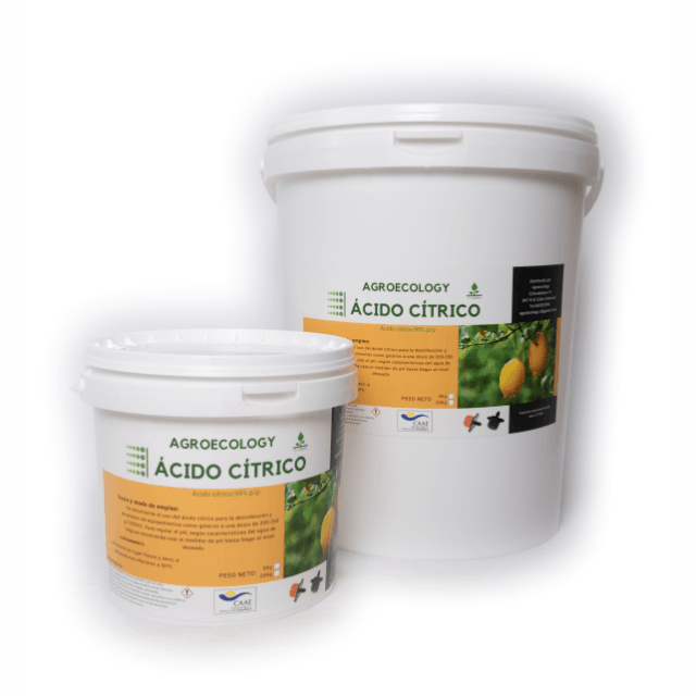 Ácido Cítrico AgroEcology en envase blanco con etiqueta verde. Producto sólido en polvo de alta pureza para agricultura sostenible.