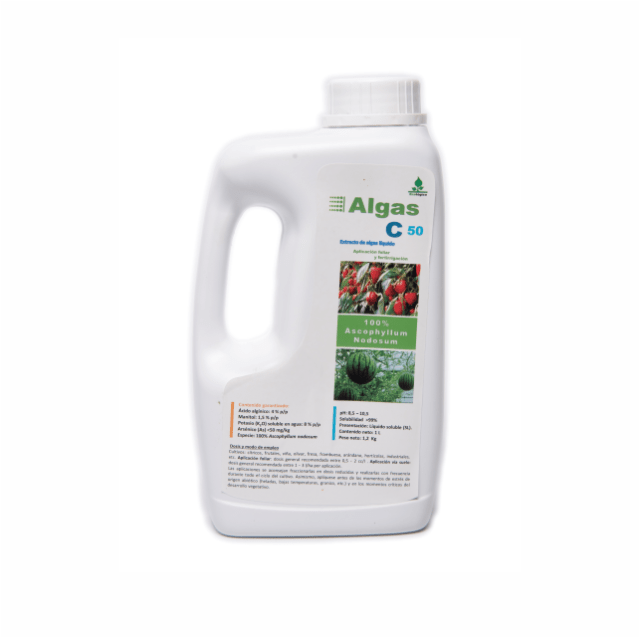 Botella de Algas C50, fertilizante natural con algas Ascophyllum nodosum, promueve floración, cuajado y desarrollo radicular para cultivos de alta calidad.