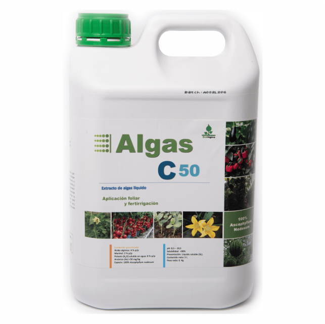 Botella de Algas C50, fertilizante natural con algas Ascophyllum nodosum, promueve floración, cuajado y desarrollo radicular para cultivos de alta calidad.
