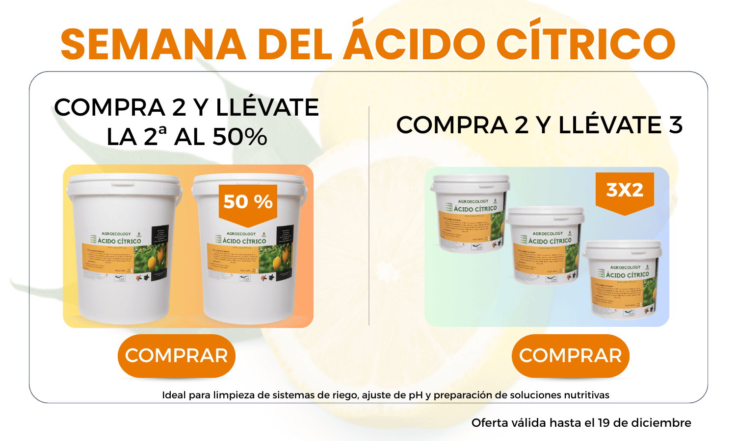 Promoción Semana del Ácido Cítrico: ofertas 2x1 y descuento del 50% en la segunda unidad, con botones para comprar ácido cítrico en diferentes formatos.