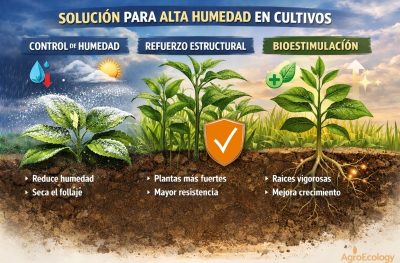 Infografía sobre control de alta humedad en cultivos, refuerzo estructural y bioestimulación vegetal