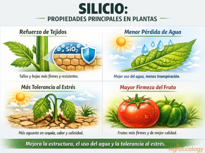 Infografía sobre silicio propiedades en plantas: refuerzo de tejidos (sílice / dióxido de silicio SiO₂), menor transpiración y mejor uso del agua, más tolerancia al estrés y mayor firmeza del fruto