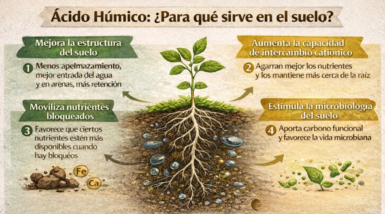 Infografía sobre acido hú¡umico para que sirve en el suelo: mejora estructura, retiene nutrientes, moviliza bloqueos y activa microbiología