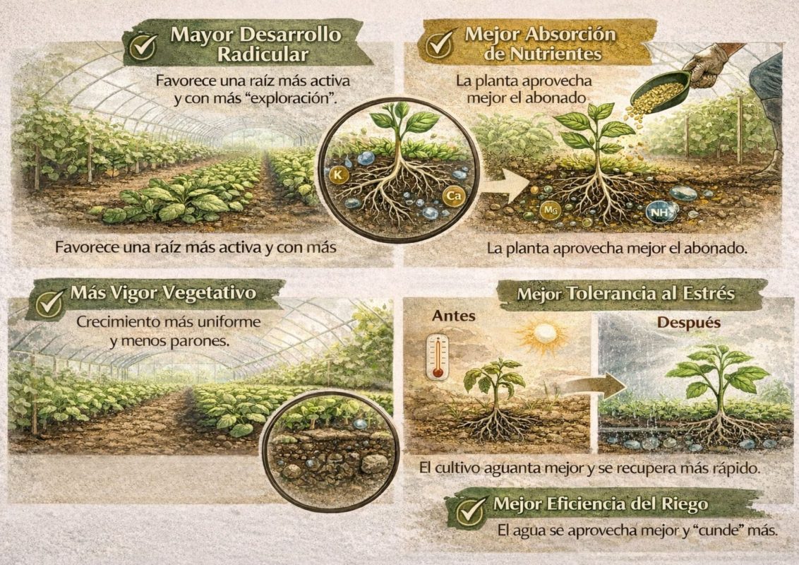 Efectos del acido humico en cultivos: raíz activa, vigor vegetativo y mejor eficiencia del riego