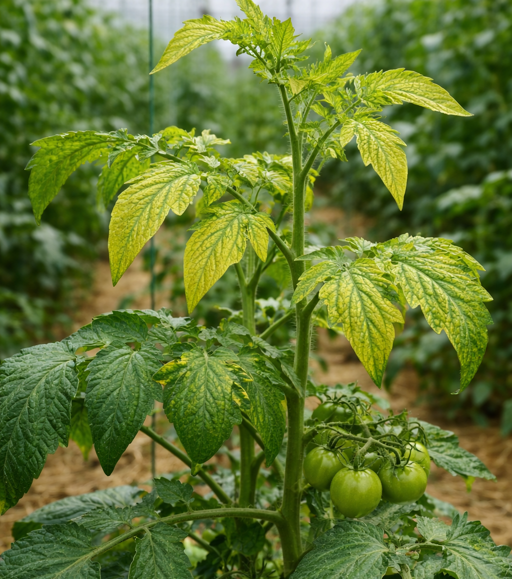 Planta de tomate en invernadero con deficiencia de zinc: clorosis internervial en hojas jóvenes