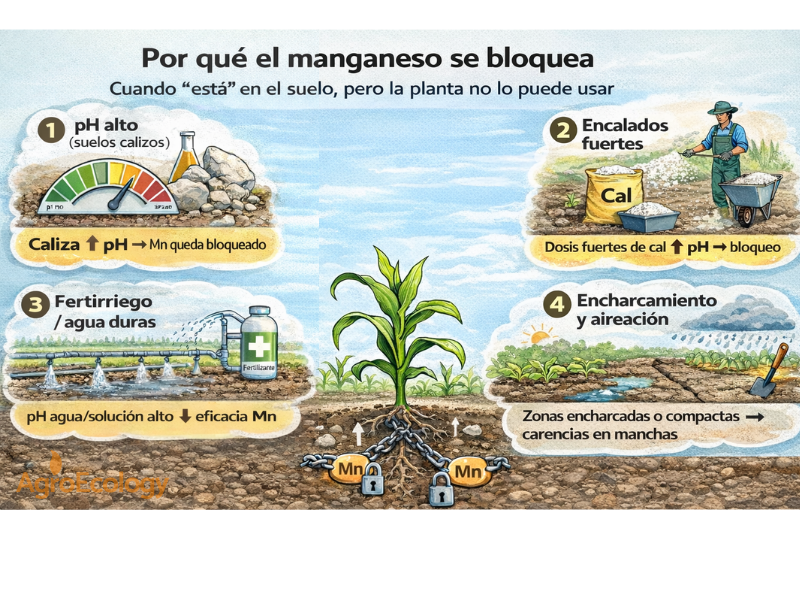 Infografía explicativa sobre manganeso para qué sirve y por qué se bloquea en suelos con pH alto o mala oxigenación