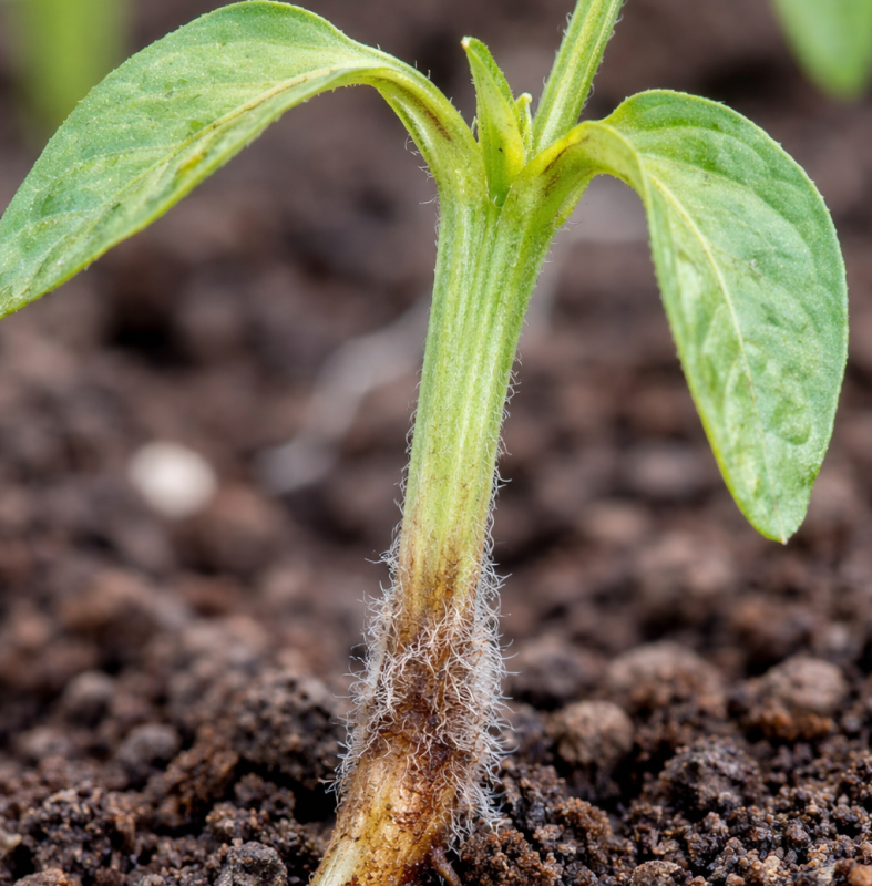 botrytis en plántula de pimiento con lesión acuosa en el cuello y colapso del tallo